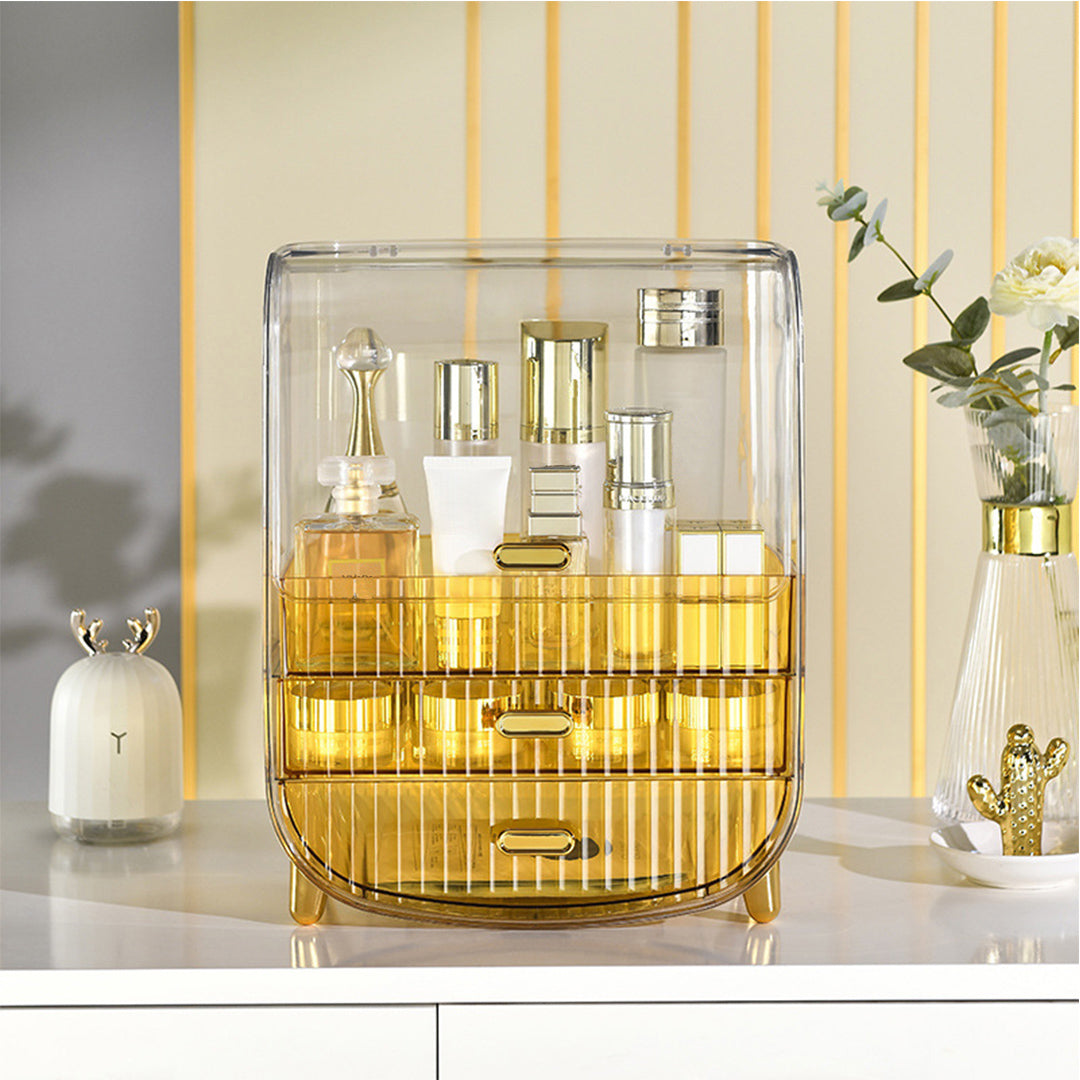 3 Tier Golden Yellow Multifunctional Countertop Cosmetic Storage Drawer Type Organiser