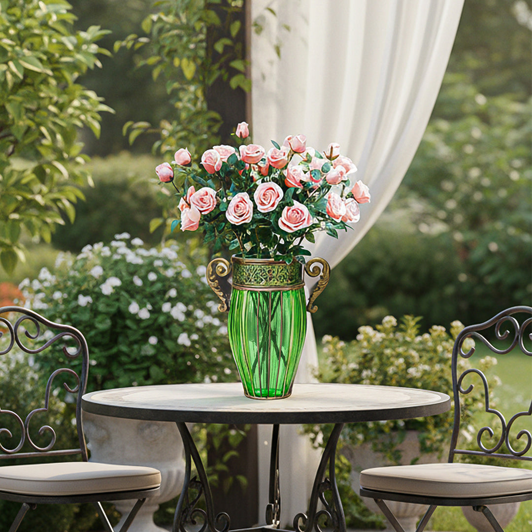 Green Glass Flower Vase with 8 Bunch 5 Heads Artificial Silk Rose Set