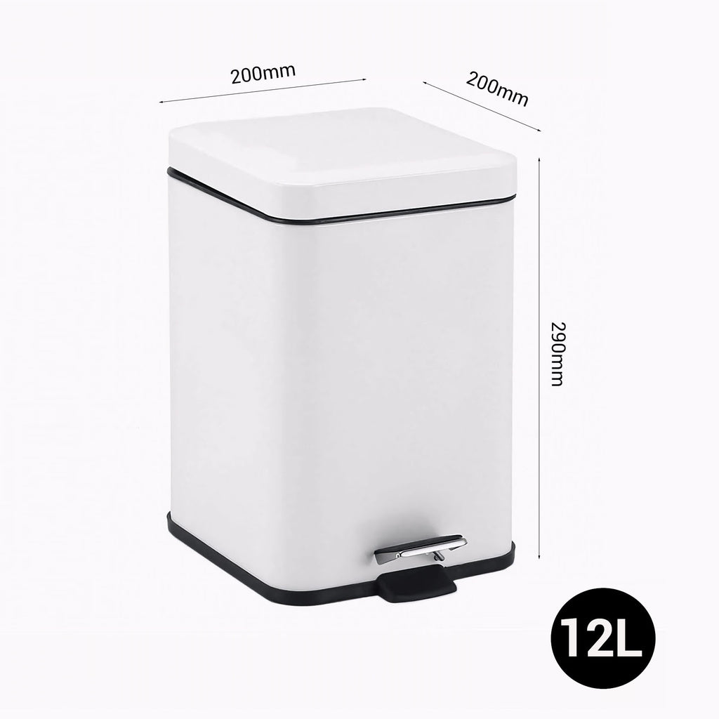Foot Pedal Stainless Steel Trash Bin Square 12L White