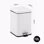 Foot Pedal Stainless Steel Trash Bin Square 12L White