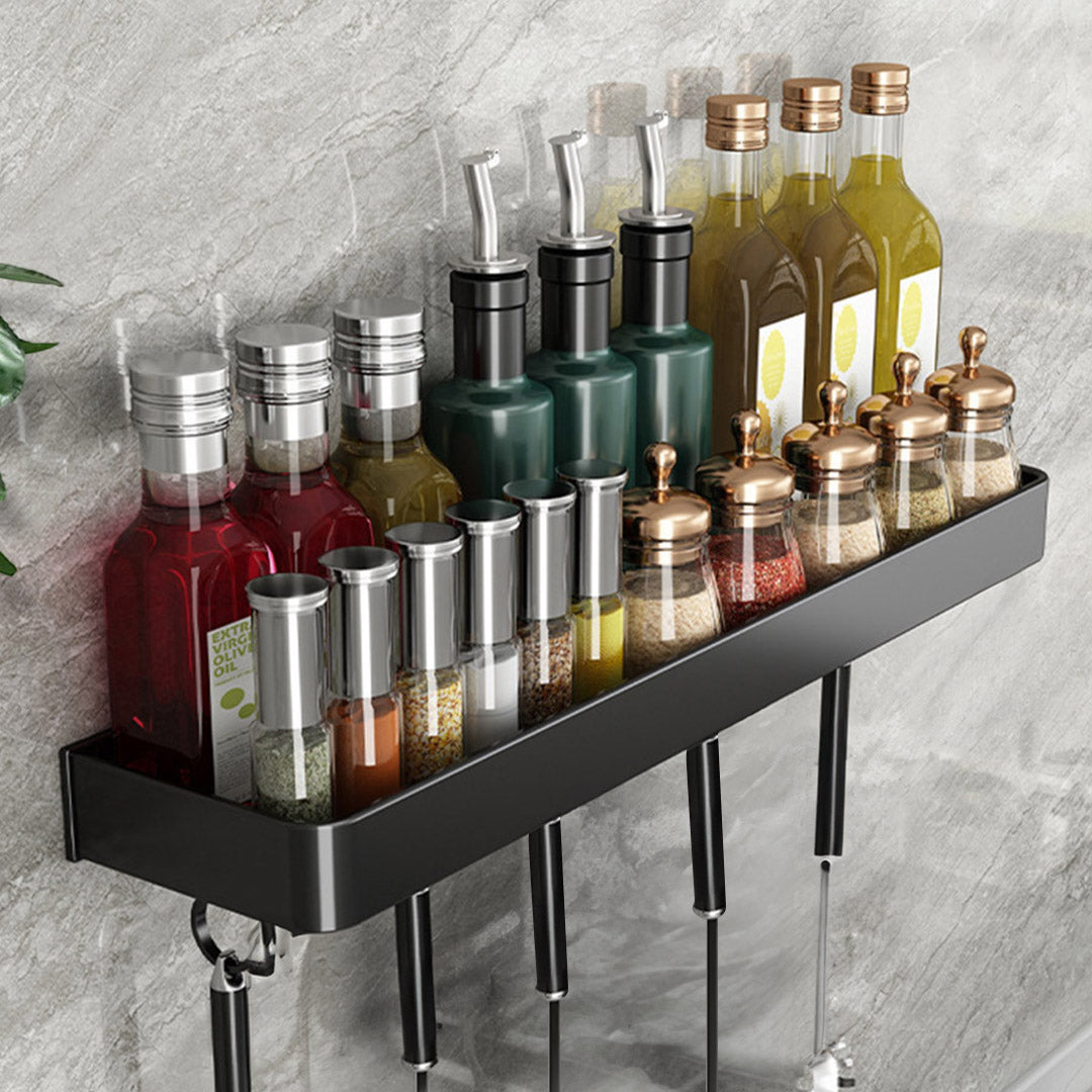 50cm Black Rectangular Kitchen Spice Rack with Hooks