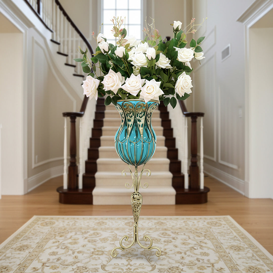 85cm Blue Glass Floor Vase and 12pcs White Artificial Flower Set