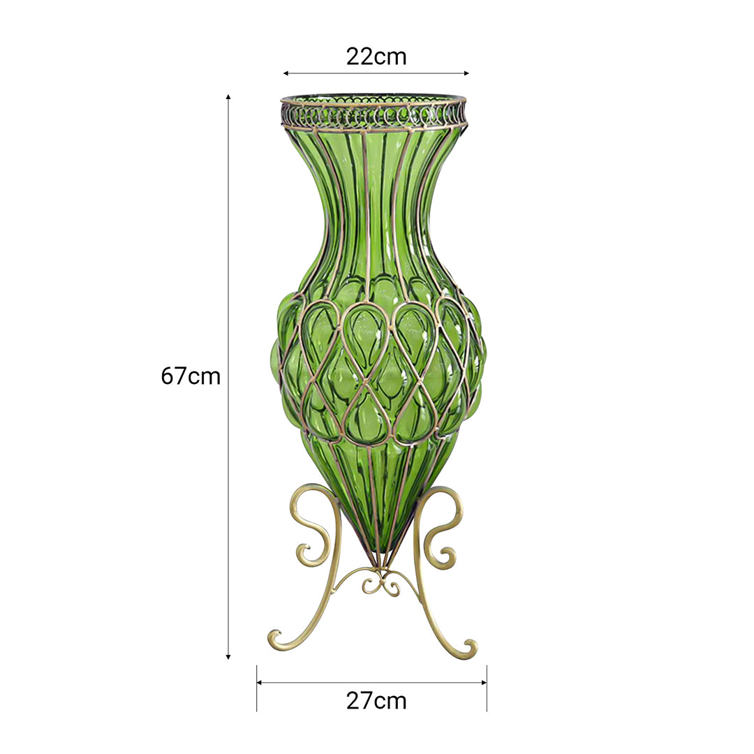 67cm Green Glass Floor Vase with 10pcs White Artificial Flower Set