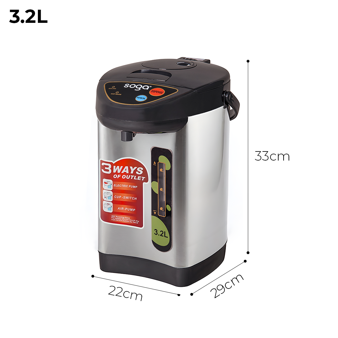 SOGA 2X 3.2L Silver Stainless Steel Electric Thermal Pot Dispenser with 3 Dispensing Modes