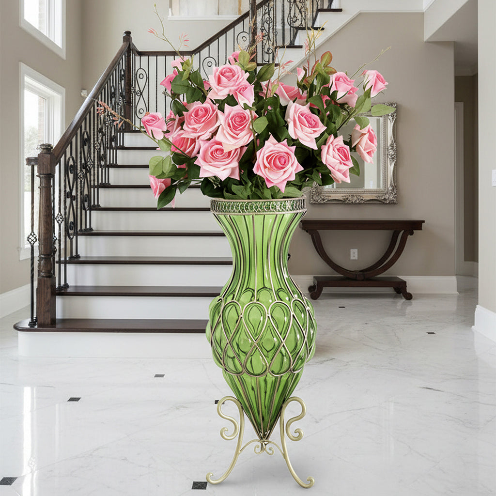 67cm Green Glass Floor Vase and 12pcs Pink Artificial Flower Set