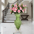 67cm Green Glass Floor Vase and 12pcs Pink Artificial Flower Set