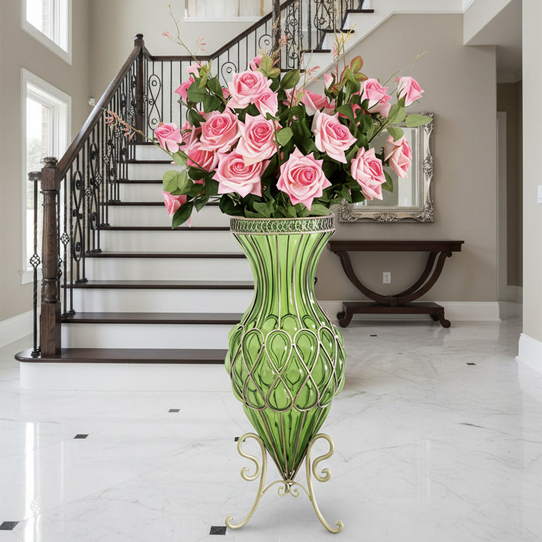 67cm Green Glass Floor Vase and 12pcs Pink Artificial Flower Set