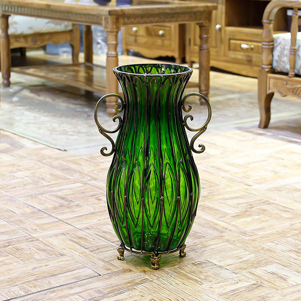51cm Green Glass Floor Vase with Metal Stand