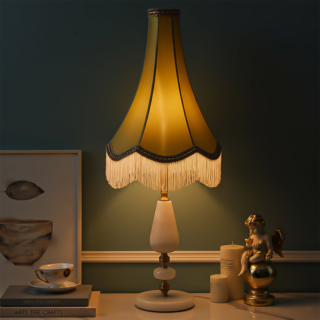 SOGA Jade Stone Base Table Lamp Vintage Yellow Shade Tassel Fringe Bedside Desk Light