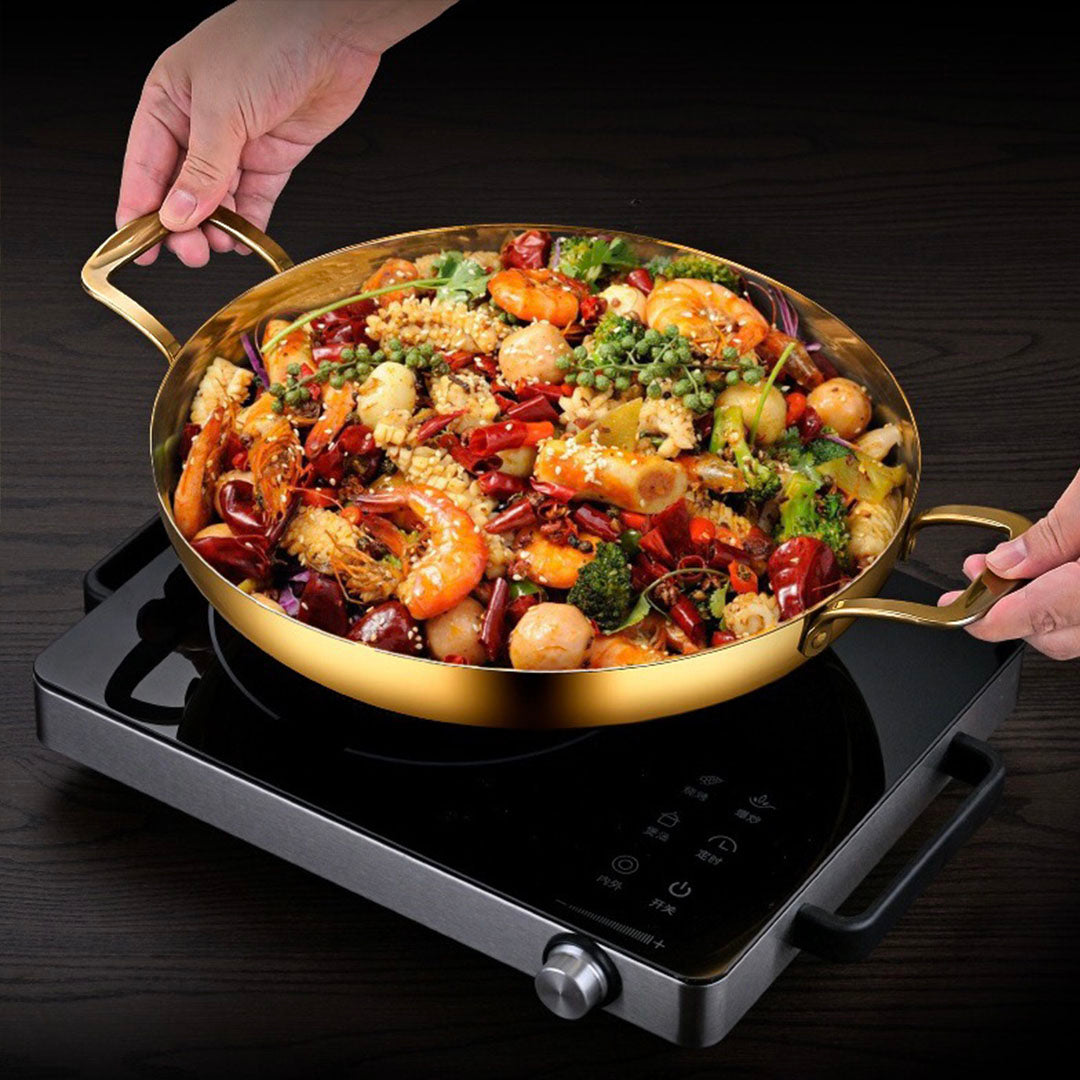 24cm Flat Base Seafood Dry Pot in Elegant Gold Color with Durable for Kitchen Essential