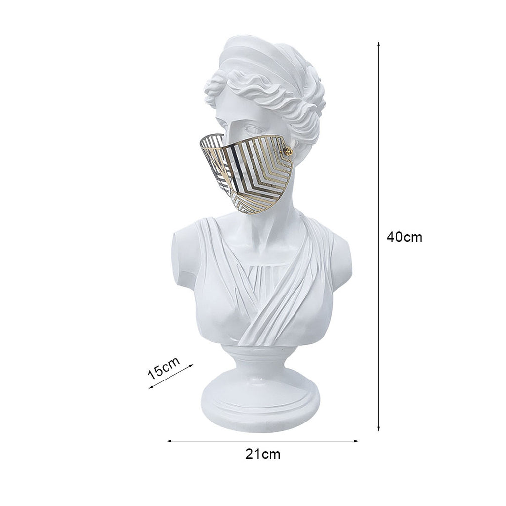 SOGA 40cm White Classical Bust Sculpture Resin with Gold Striped Mask for Modern Home Décor