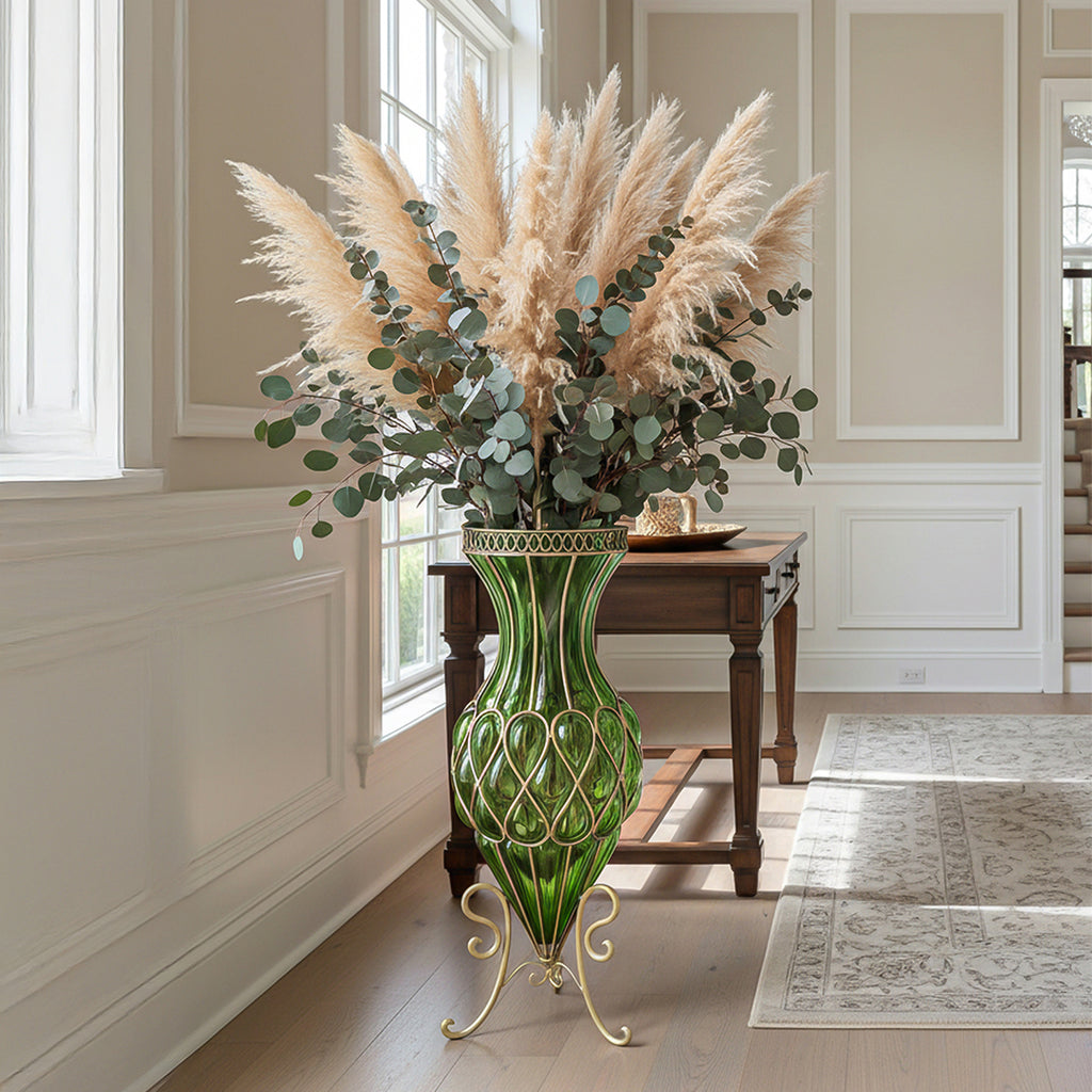 67cm Green Glass Floor Vase with Metal Stand