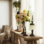 2x Clear Black Glass Vase with Lid and White Flower Set