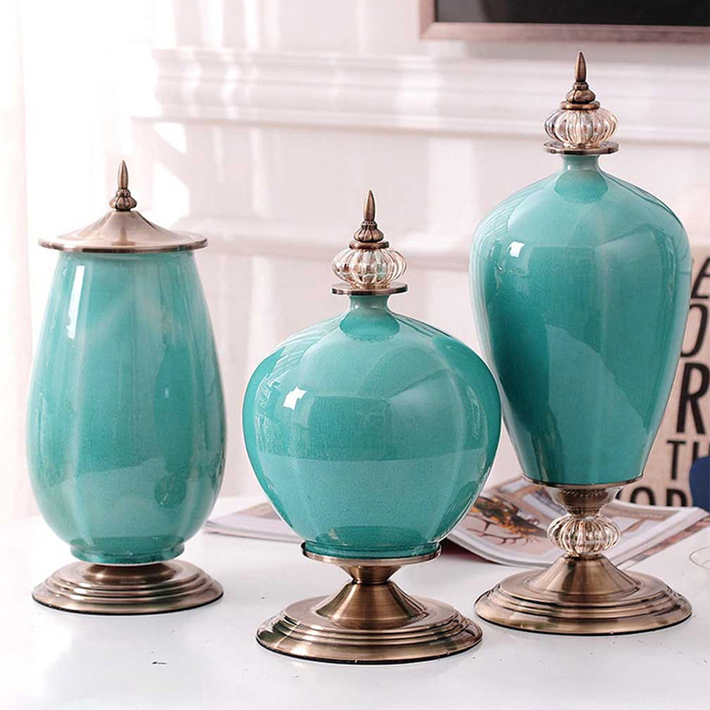 40cm Ceramic Vase with Gold Metal Base Green