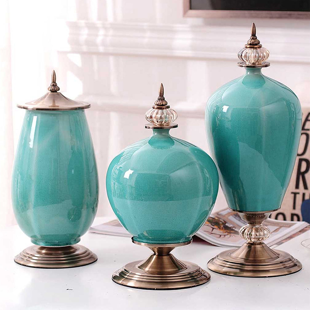 40cm Ceramic Vase with Gold Metal Base Green