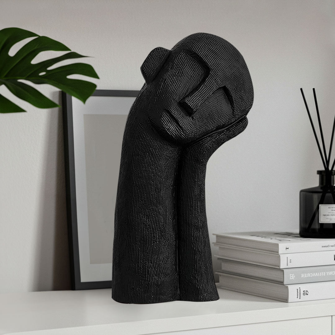 SOGA 38cm Black Minimalist Head Resin Sculpture with Hand at Side and Linear Texture for Home Décor