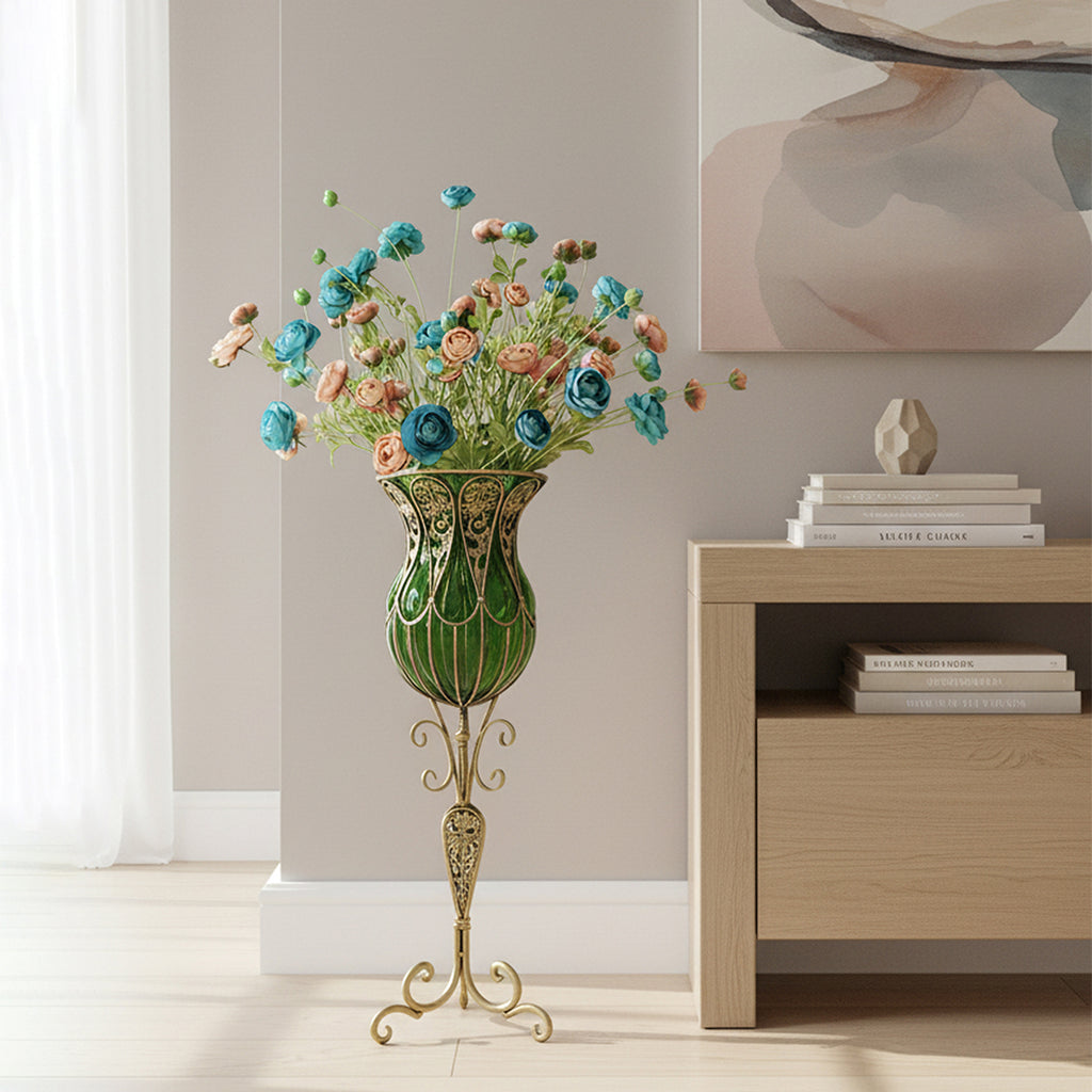 85cm Green Glass Floor Vase and 12pcs Blue Artificial Flower Set