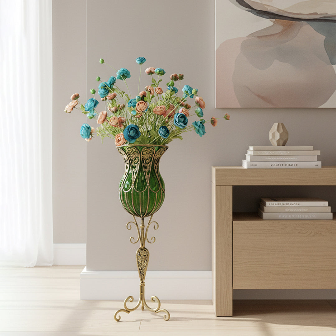 85cm Green Glass Floor Vase and 12pcs Blue Artificial Flower Set