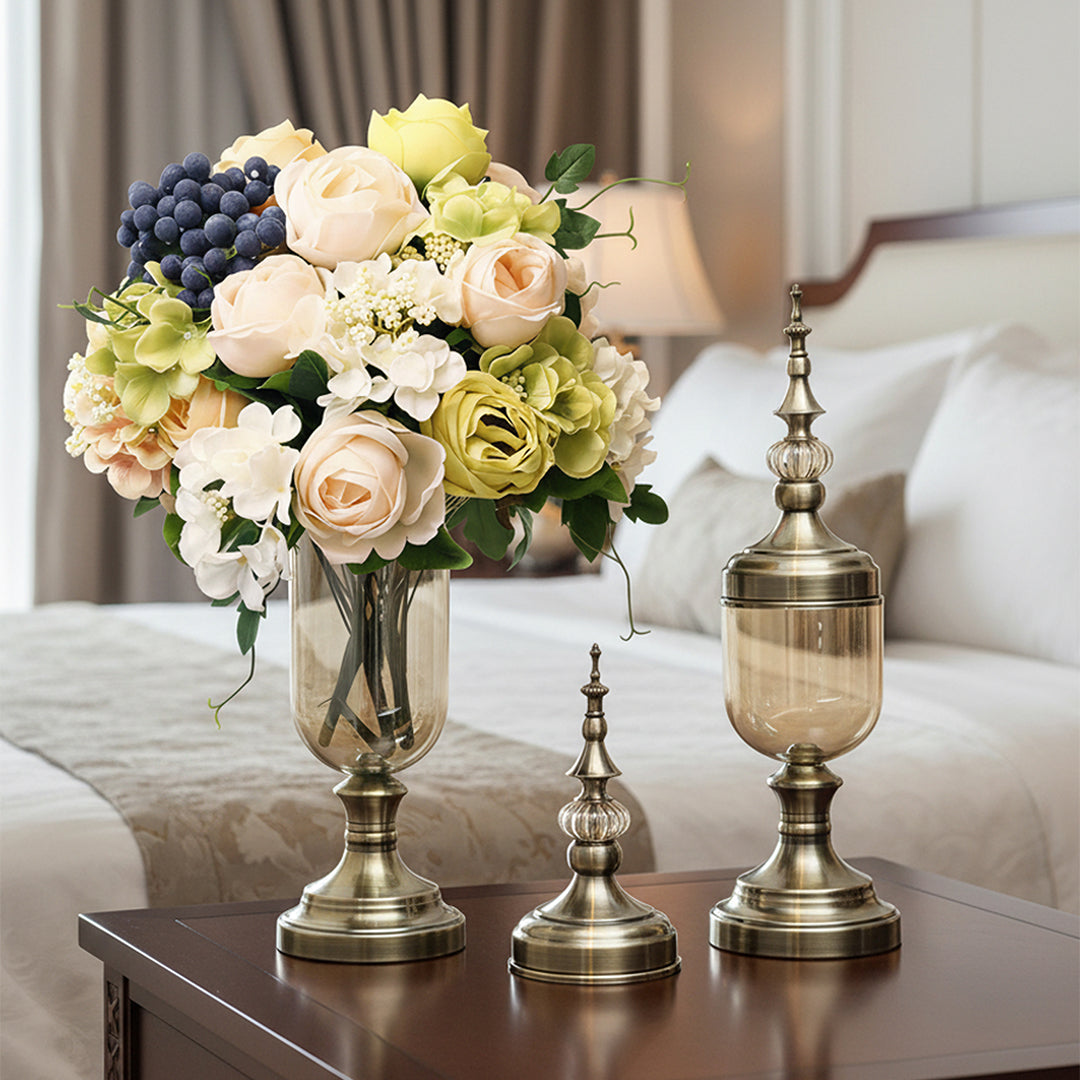 2x Clear Bronze Glass Vase with Lid and White Flower Set