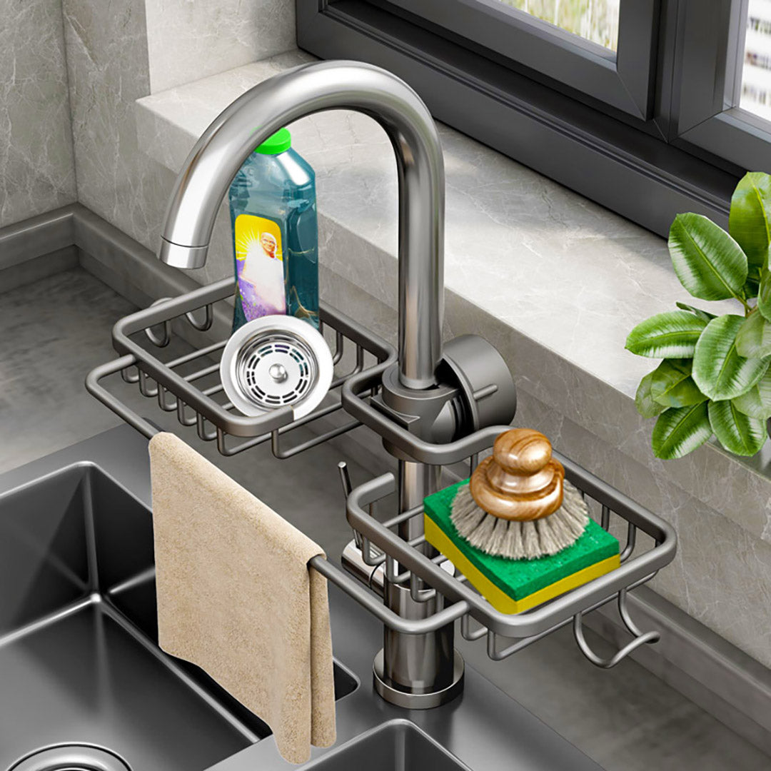 Dark Grey Kitchen Sink Faucet Organiser with Towel Bar Holder