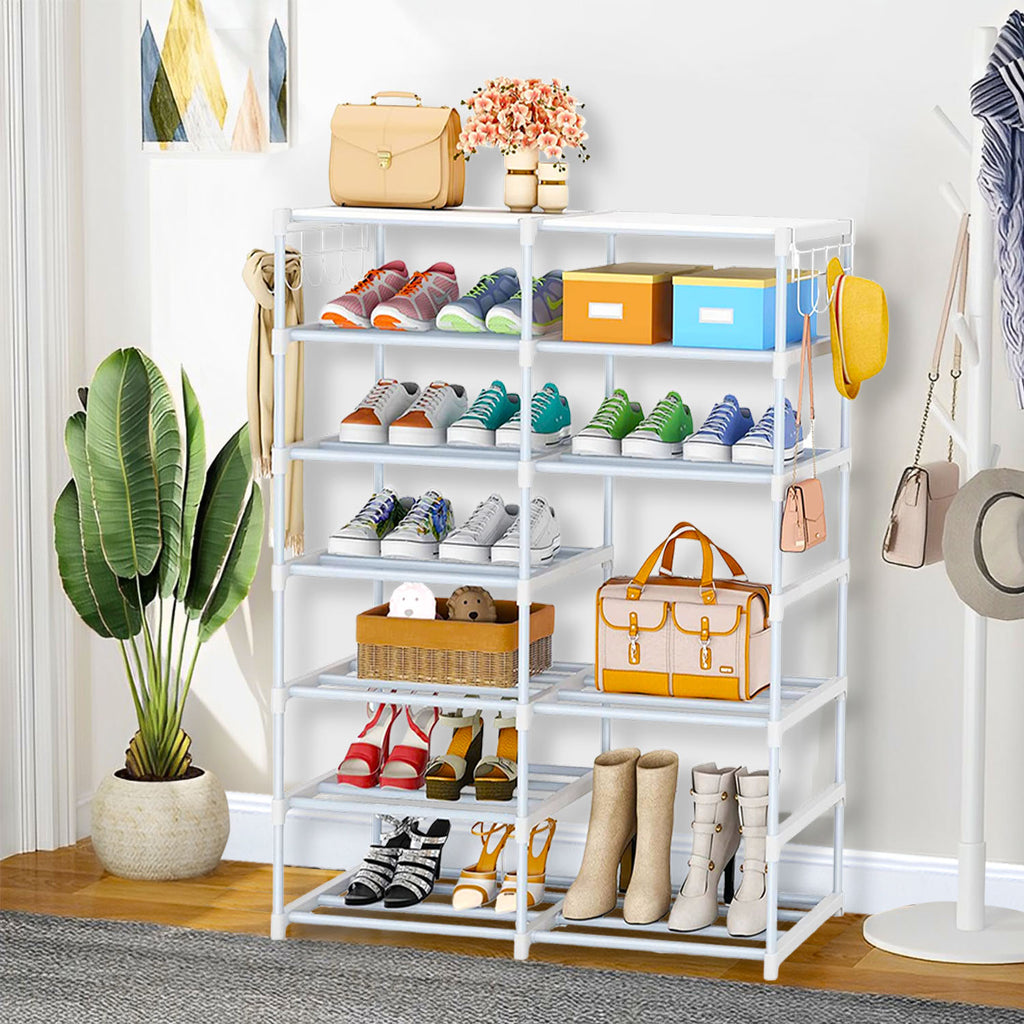 12-Shelf Tier Shoe Storage with Side Hooks White