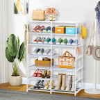 12-Shelf Tier Shoe Storage with Side Hooks White