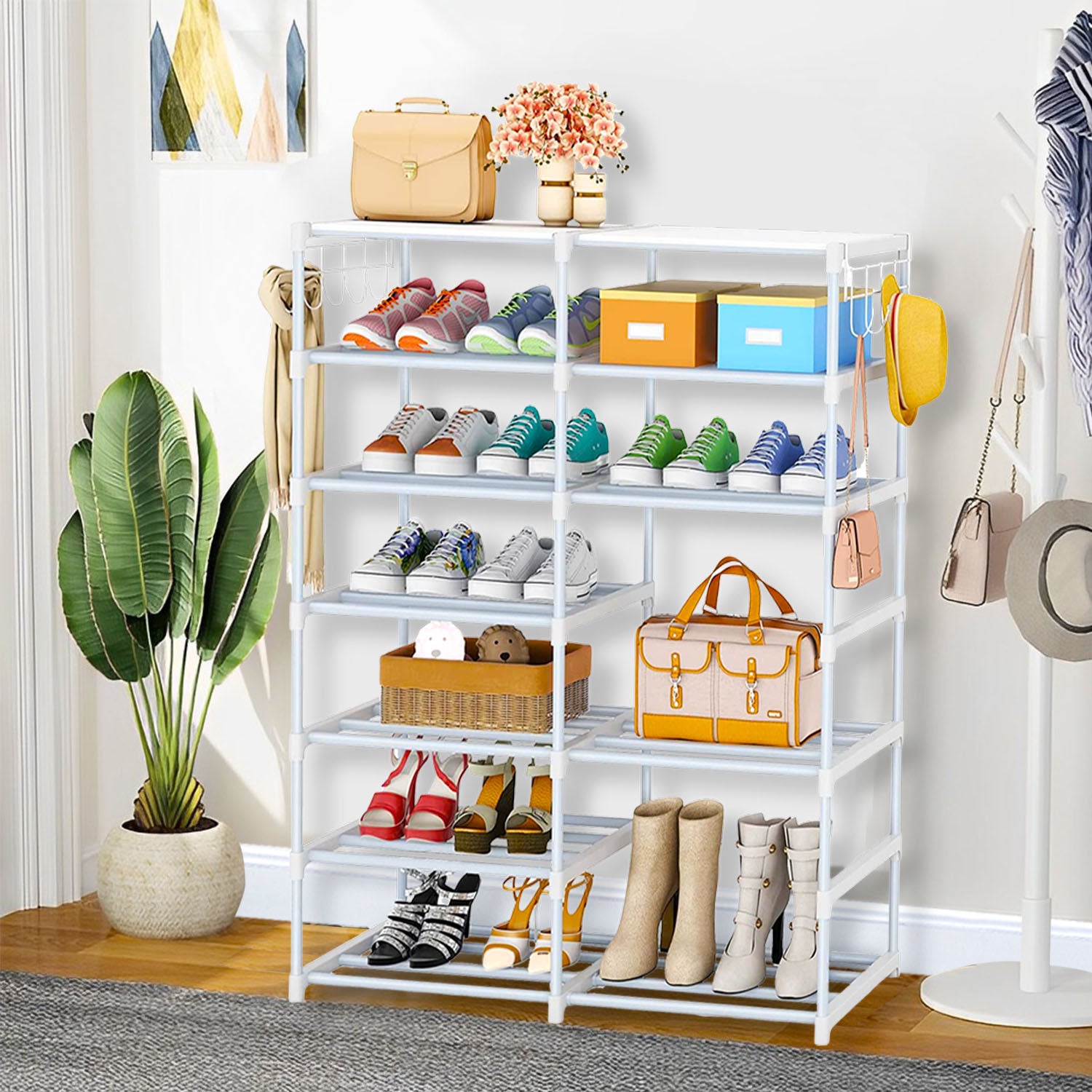 12-Shelf Tier Shoe Storage with Side Hooks White