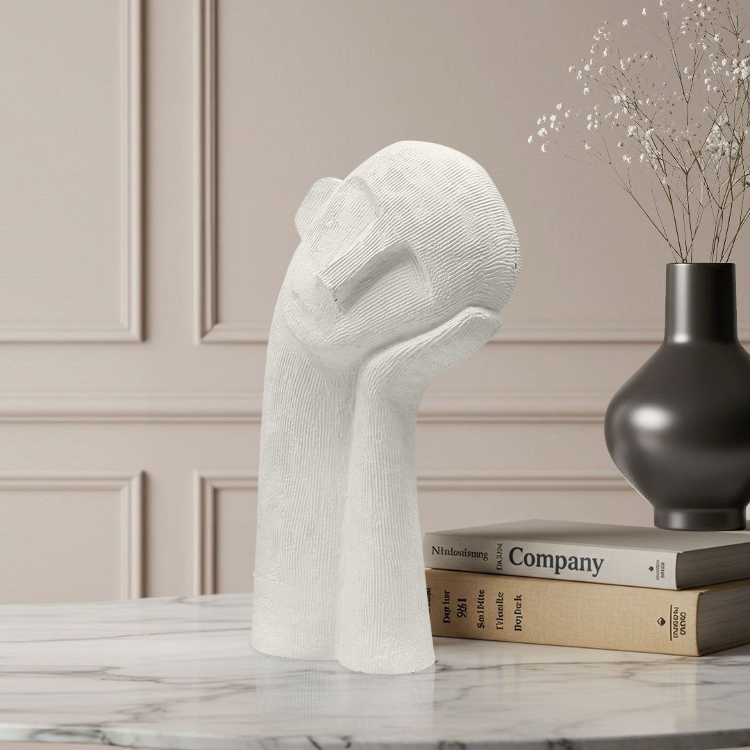 SOGA 38cm White Minimalist Head Resin Sculpture with Hand at Side and Linear Texture for Home Décor