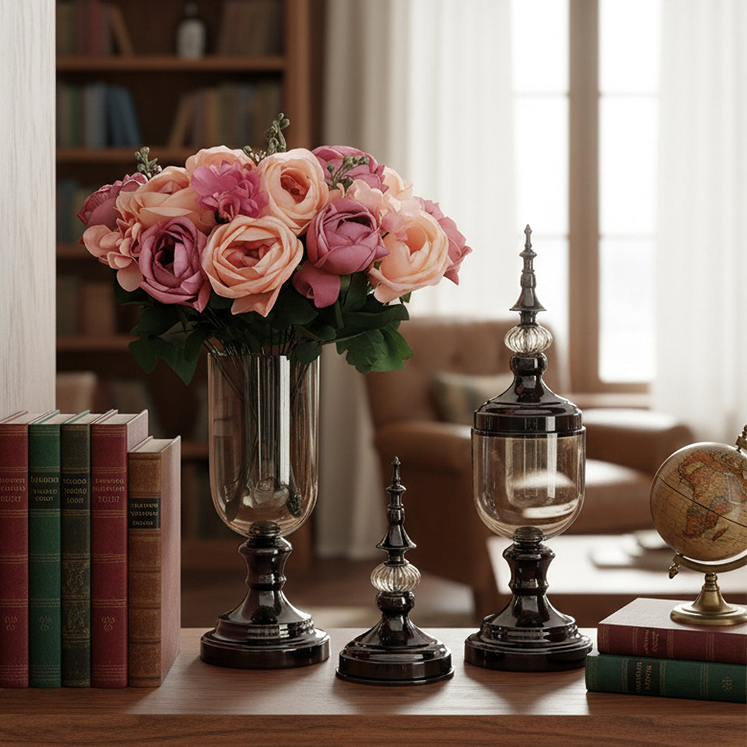 2x Clear Black Glass Vase with Lid and Pink Flower Set