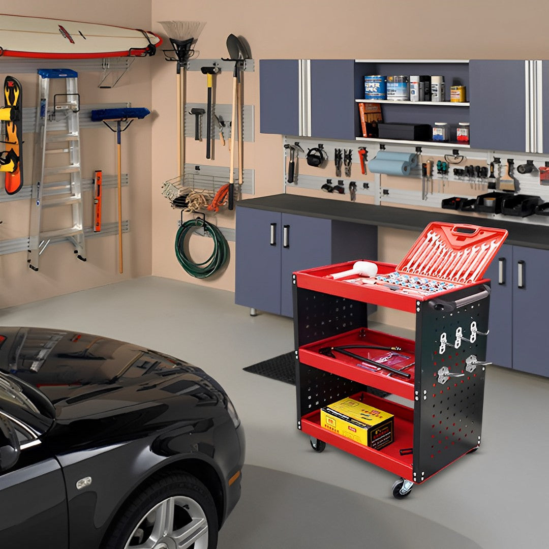 3 Tier Tool Storage Cart with Hooks Red