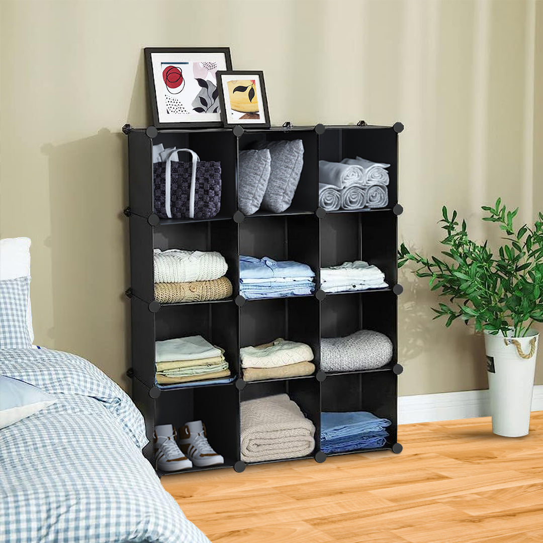 4 Tier 12-Cube Black Portable Wardrobe