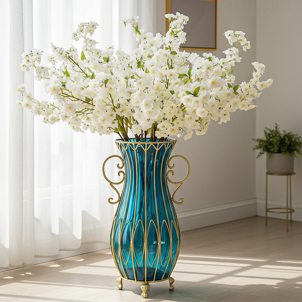 51cm Blue Glass Floor Vase and 10pcs White Artificial Flower Set
