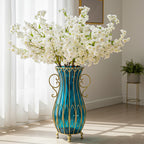51cm Blue Glass Floor Vase and 10pcs White Artificial Flower Set