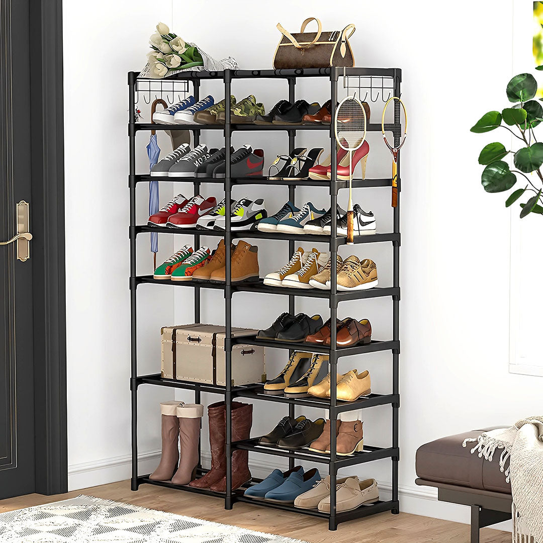 16-Shelf Tier Shoe Storage with Side Hooks Black