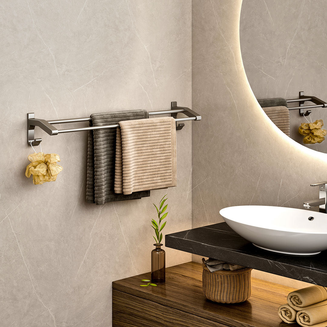 62cm Gray Wall-Mounted Double Pole Towel Holder with Hooks