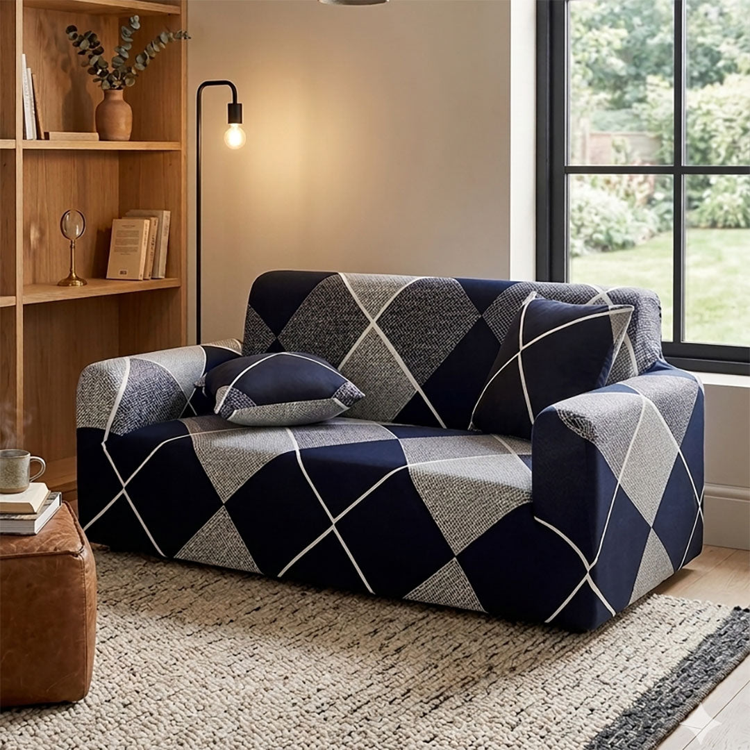 High Stretch 2-Seater Checkered Print Sofa Slipcover