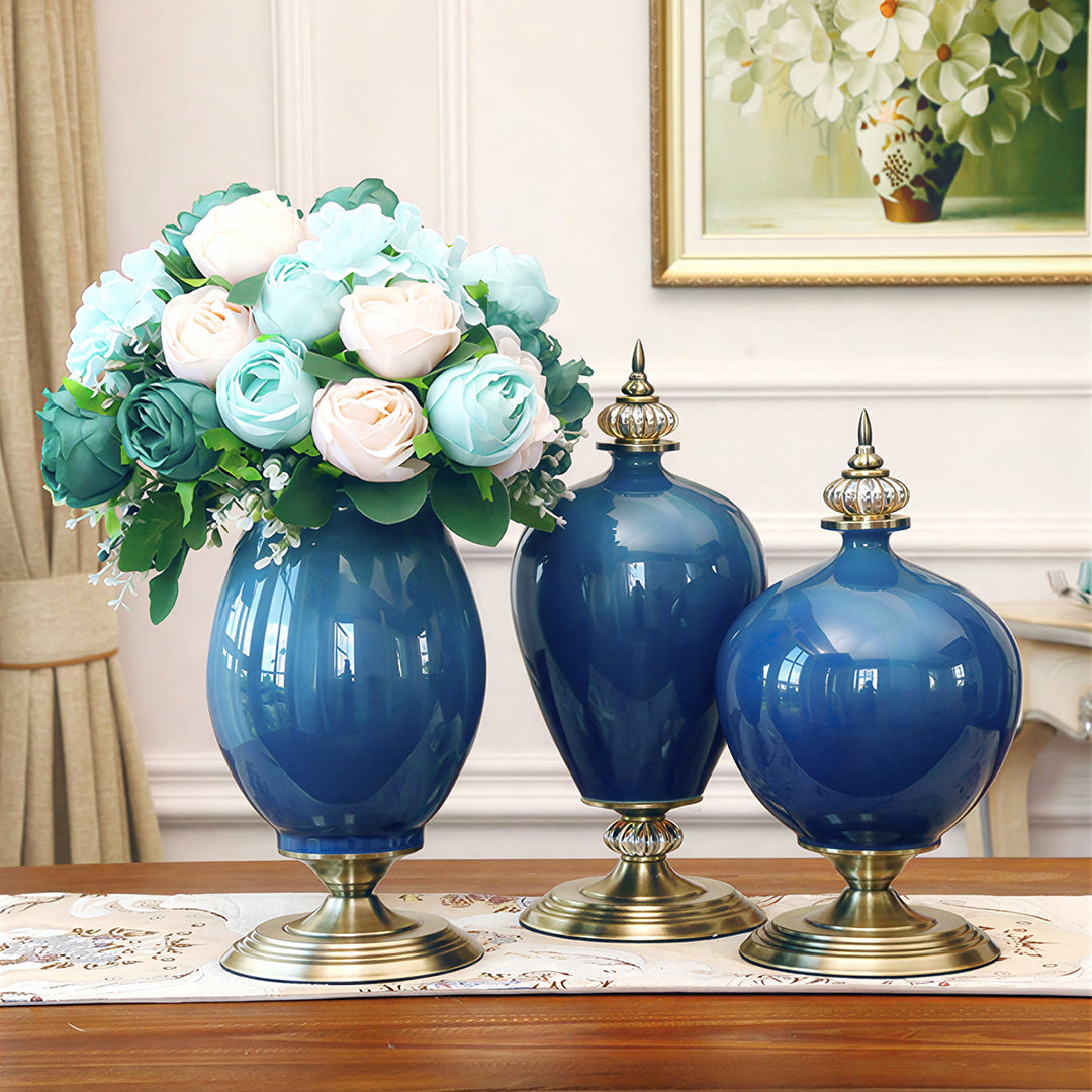 38cm Ceramic Vase with Gold Metal Base Dark Blue