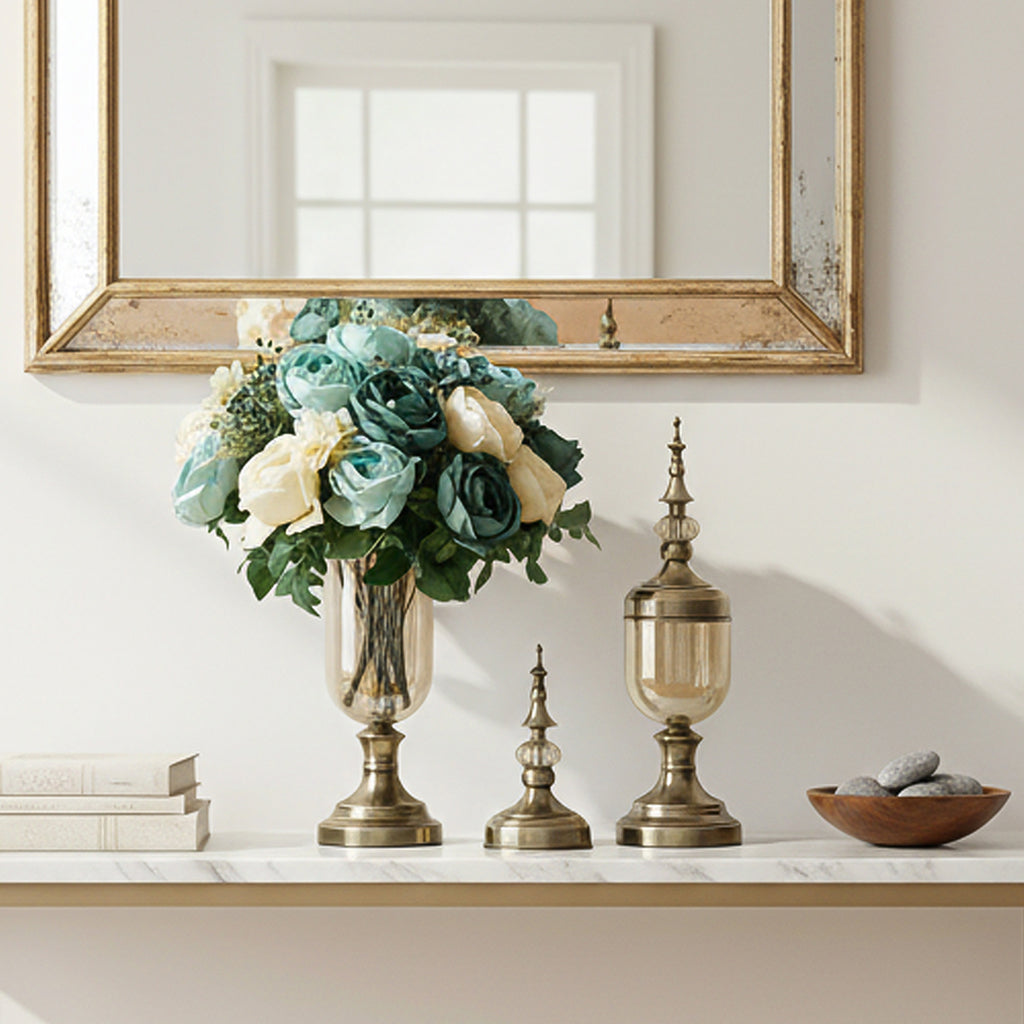 2x Clear Bronze Glass Vase with Lid and Blue Flower Set