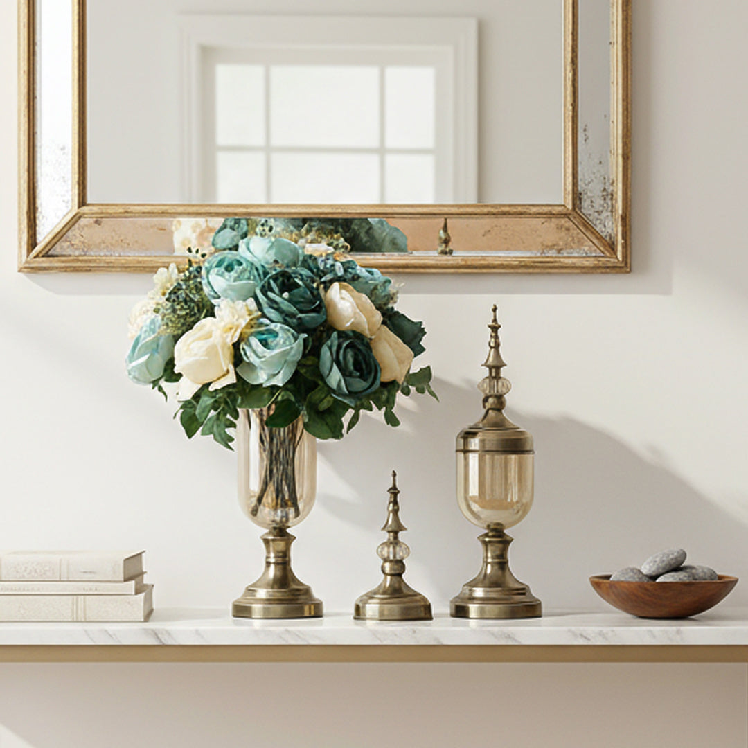 2x Clear Bronze Glass Vase with Lid and Blue Flower Set