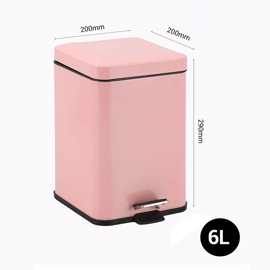 Foot Pedal Stainless Steel Trash Bin Square 6L Pink