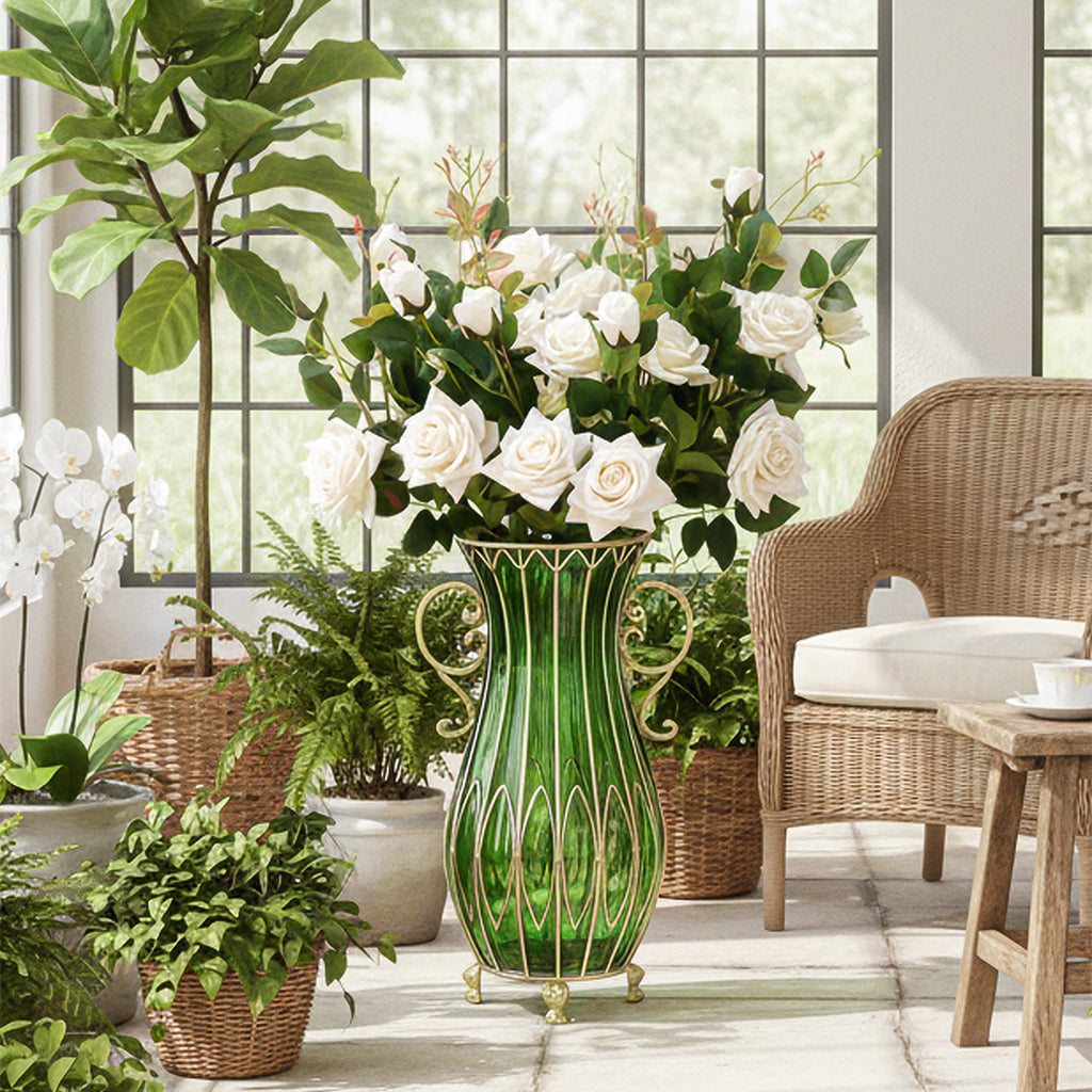 51cm Green Glass Floor Vase with 12pcs White Artificial Flower Set