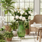 51cm Green Glass Floor Vase with 12pcs White Artificial Flower Set