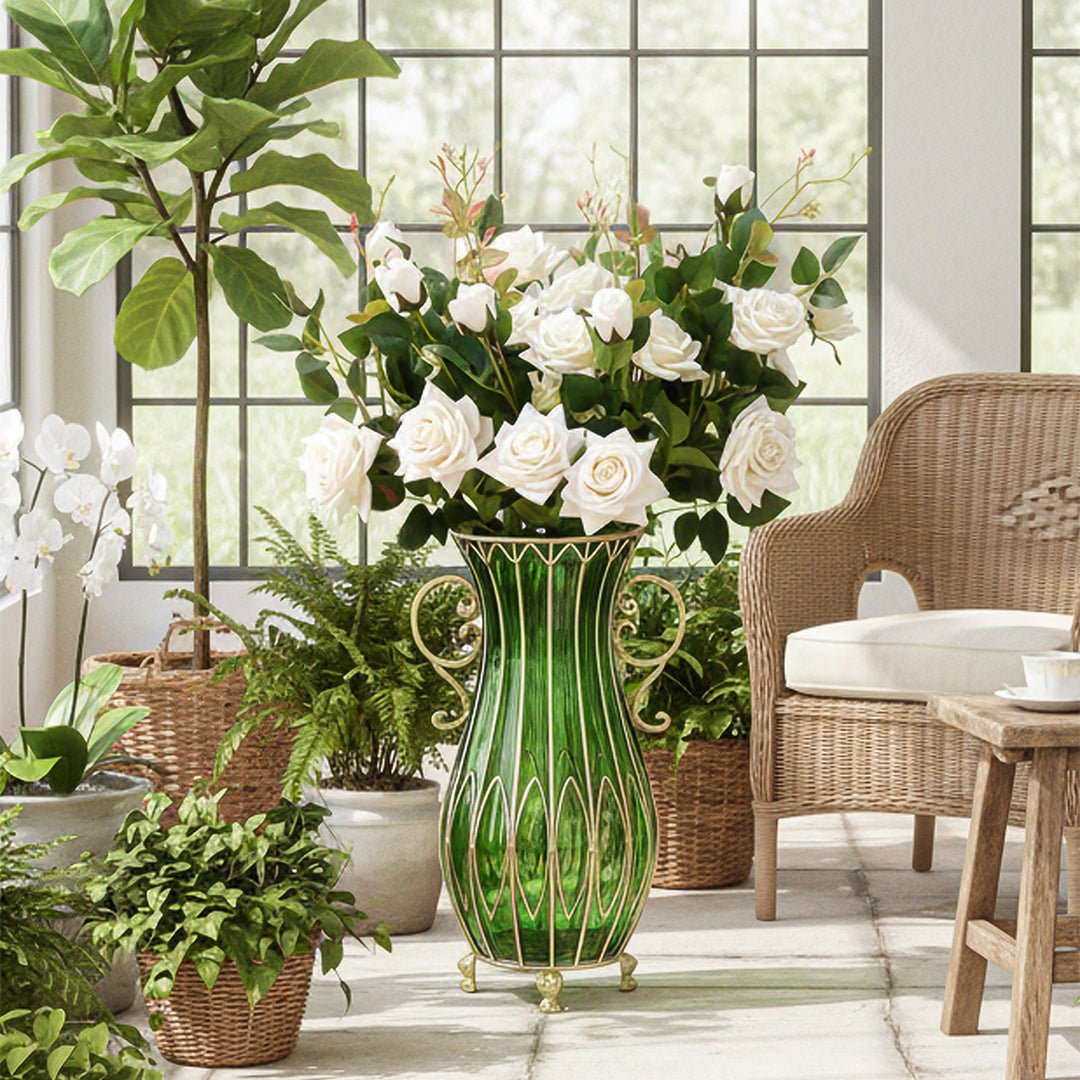51cm Green Glass Floor Vase with 12pcs White Artificial Flower Set
