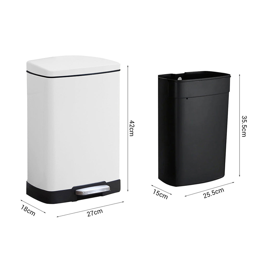 Rectangular 12L Stainless Steel Foot Pedal Recycling Bin for Garbage White
