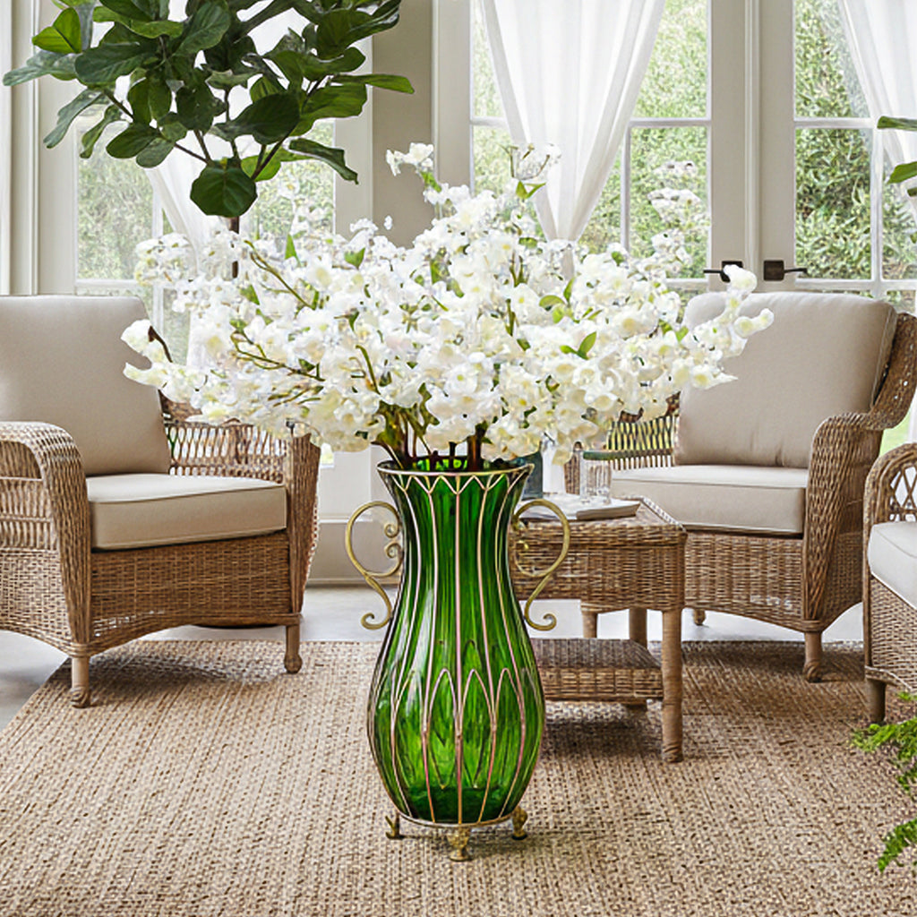 51cm Green Glass Floor Vase and 10pcs White Artificial Flower Set