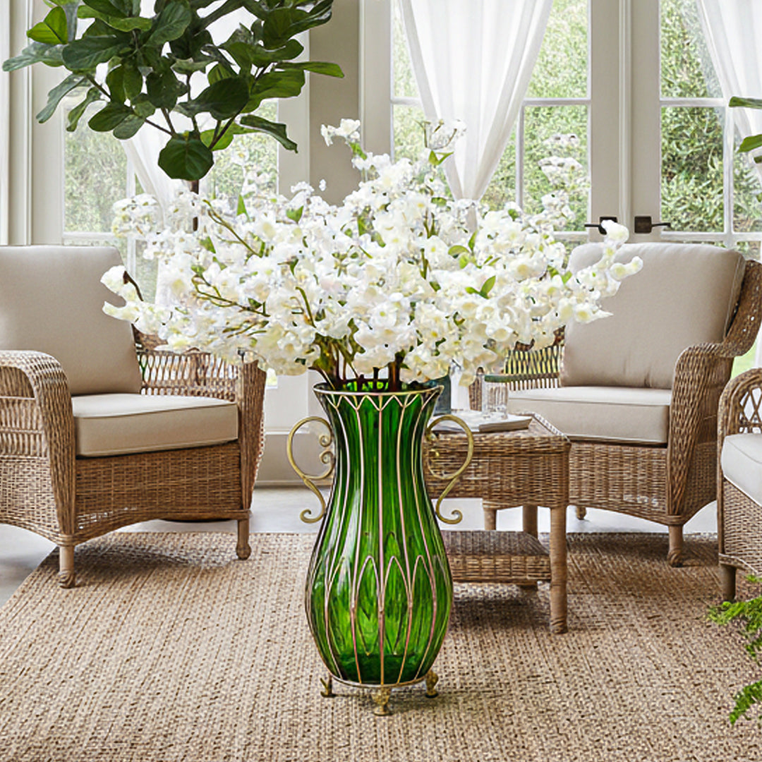 51cm Green Glass Floor Vase and 10pcs White Artificial Flower Set