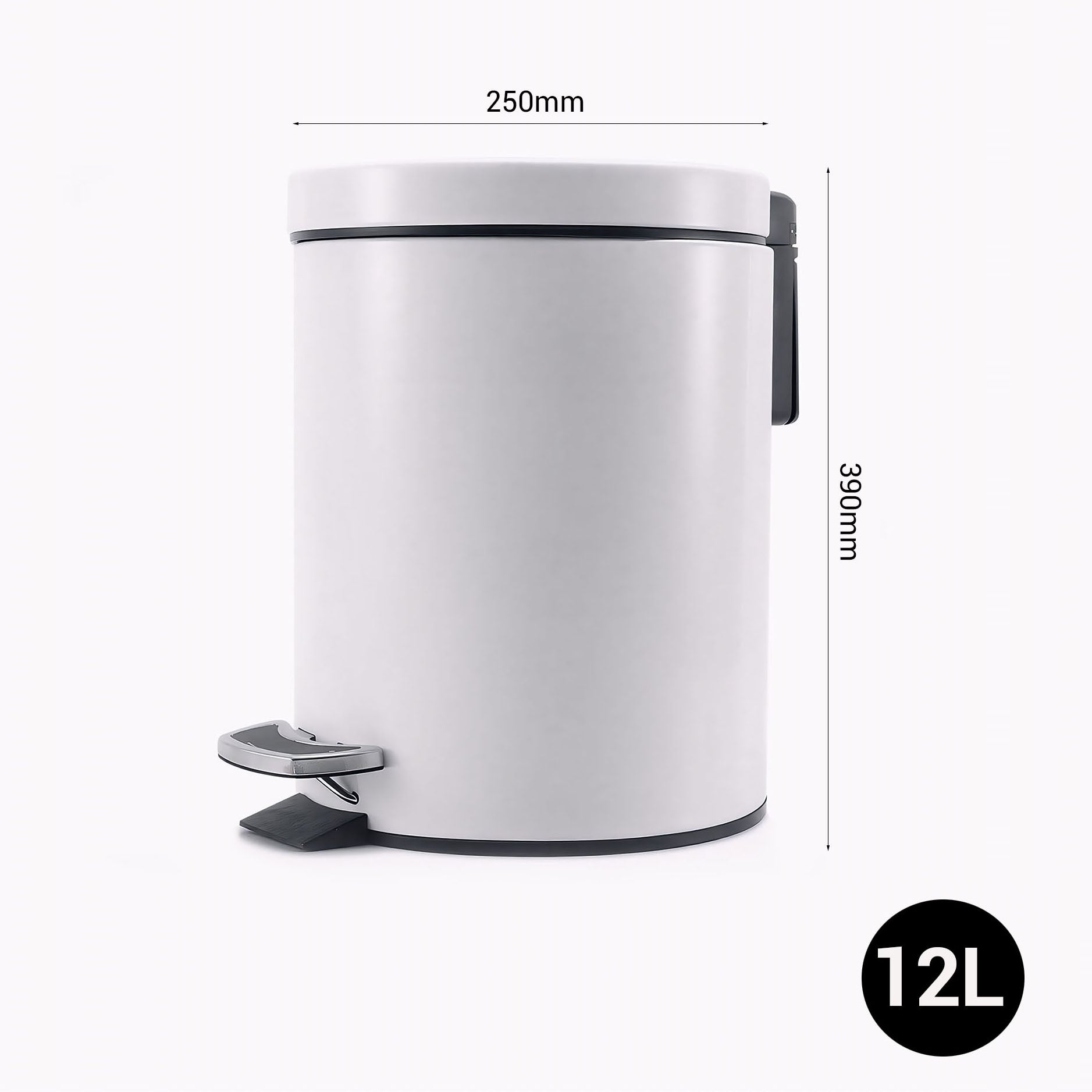 Foot Pedal Stainless Steel Trash Bin Round 12L White