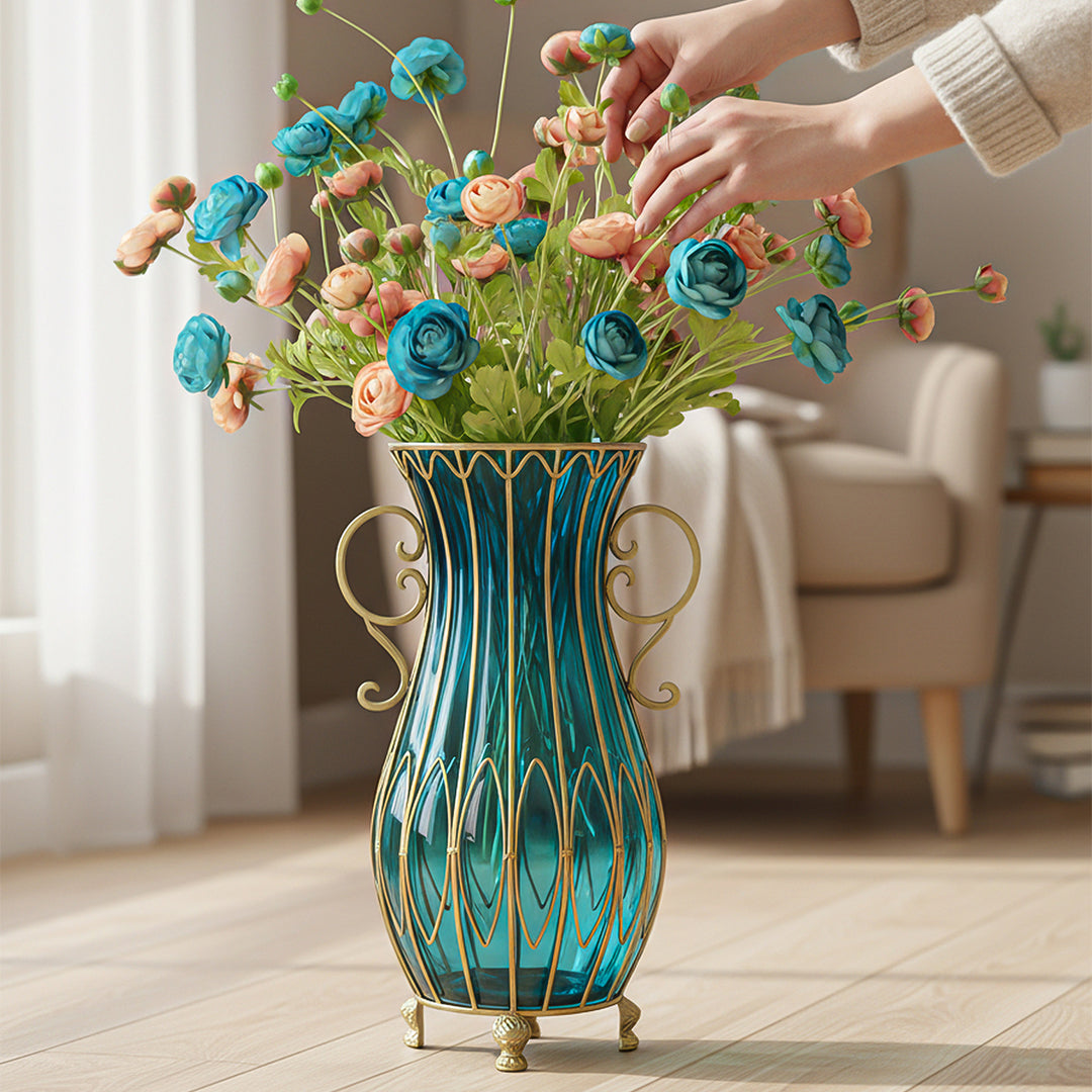 51cm Blue Glass Floor Vase with 12pcs Artificial Flower Set