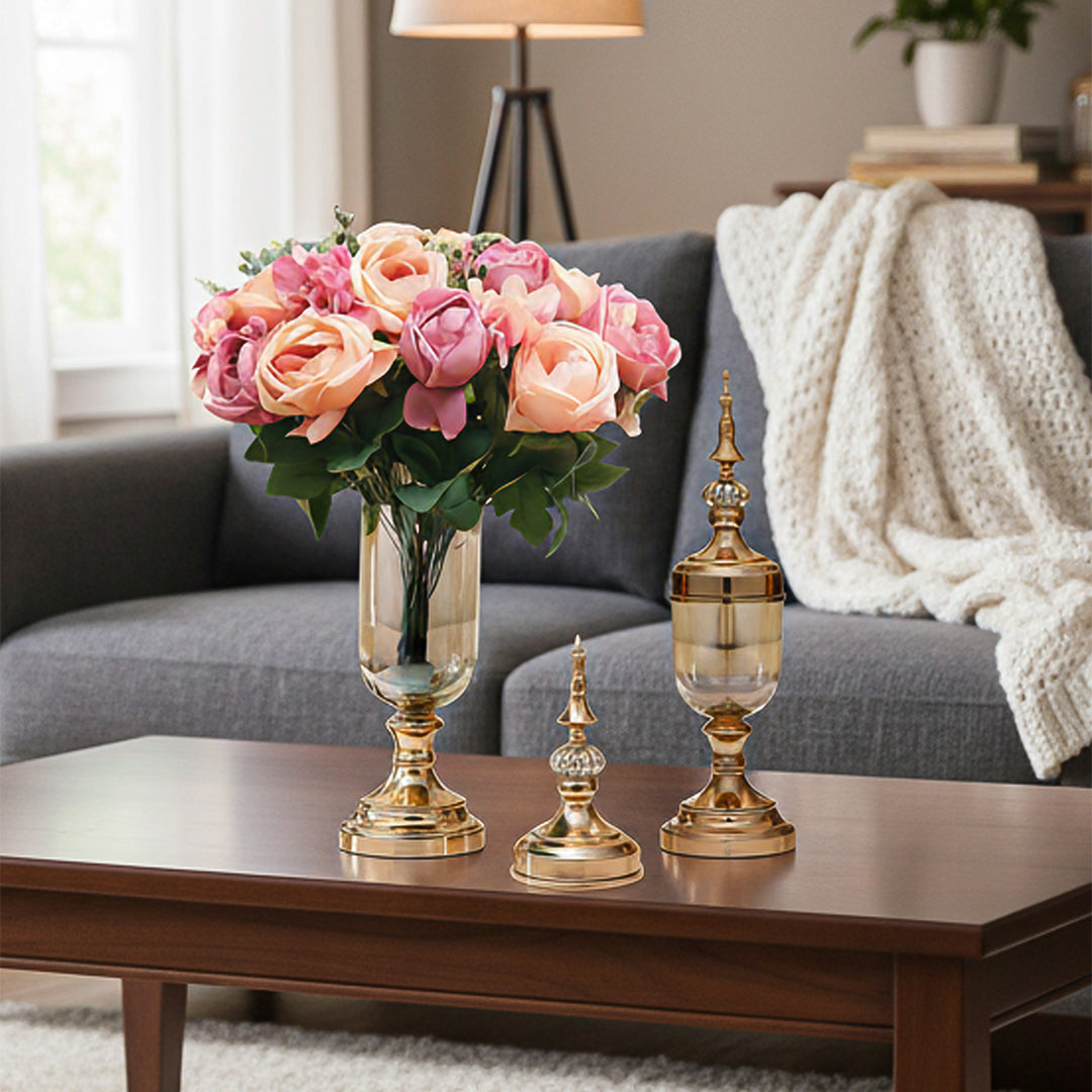 2x Clear Gold Glass Vase with Lid and Pink Flower Set