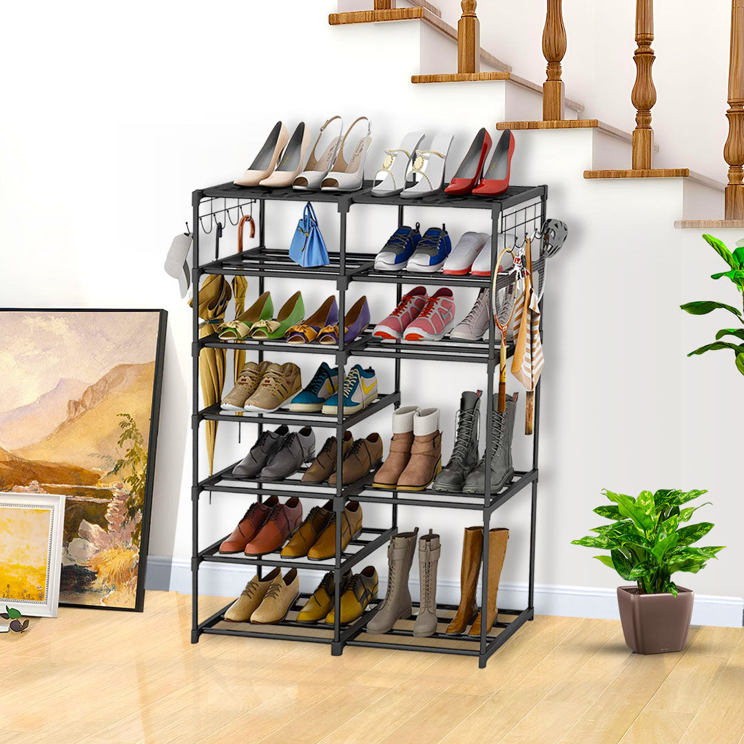 12-Shelf Tier Shoe Storage with Side Hooks Black